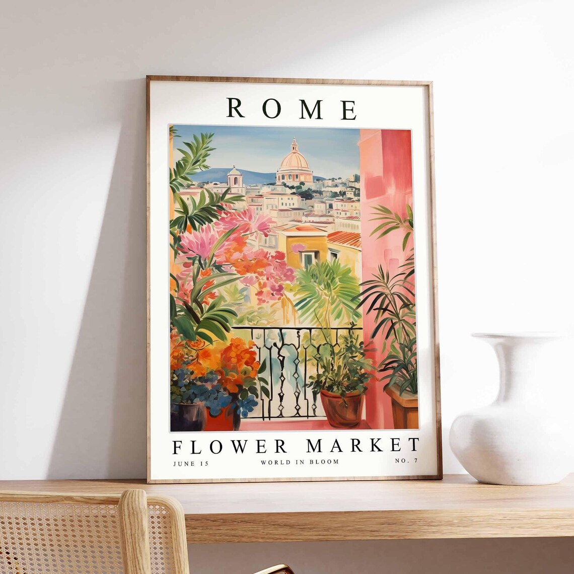 Rome Flower Market Balcony Italian Travel Watercolor Art Poster
