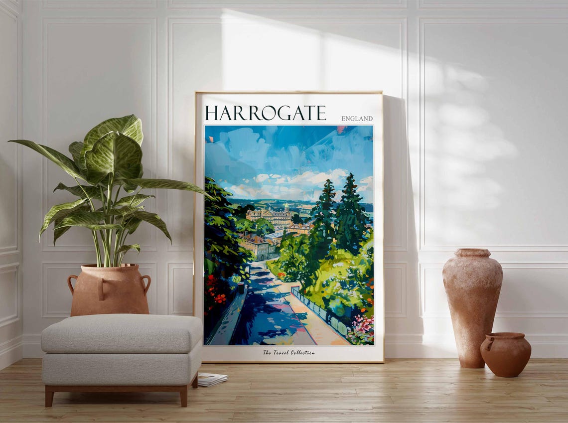 Harrogate England Travel Poster Leafy Street Town View Scene Art - Image 2