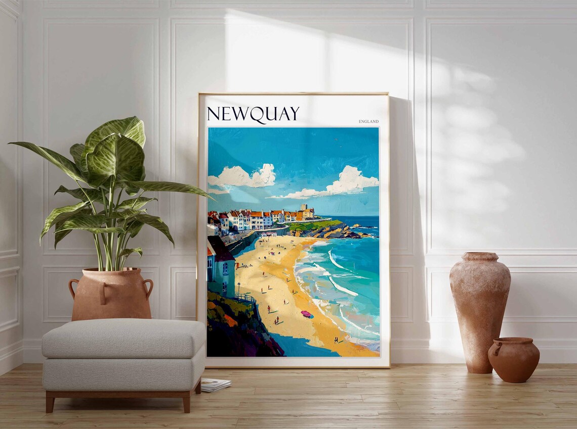 Newquay England Beach Town on Cliffs Sun Umbrella Art Poster - Image 3