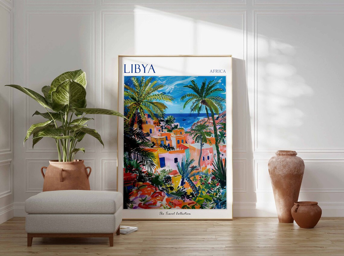 Libya Africa Coastal Village Travel Poster Palms Boats Seaside Art - Image 2