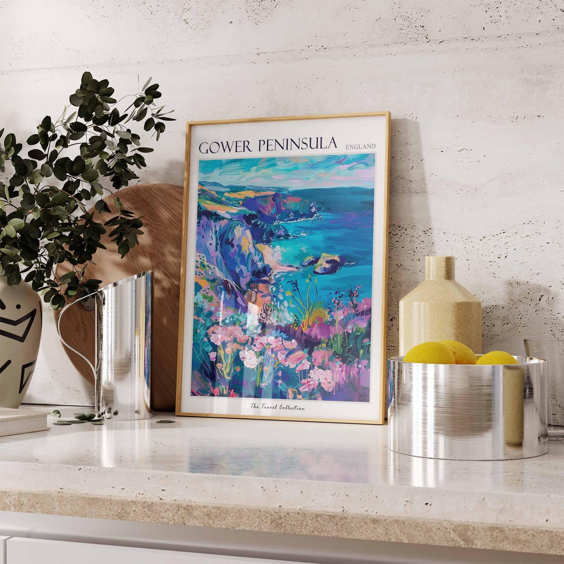 Gower Peninsula Violet Cliffs Travel Poster Turquoise Sea Flowers Art - Image 3