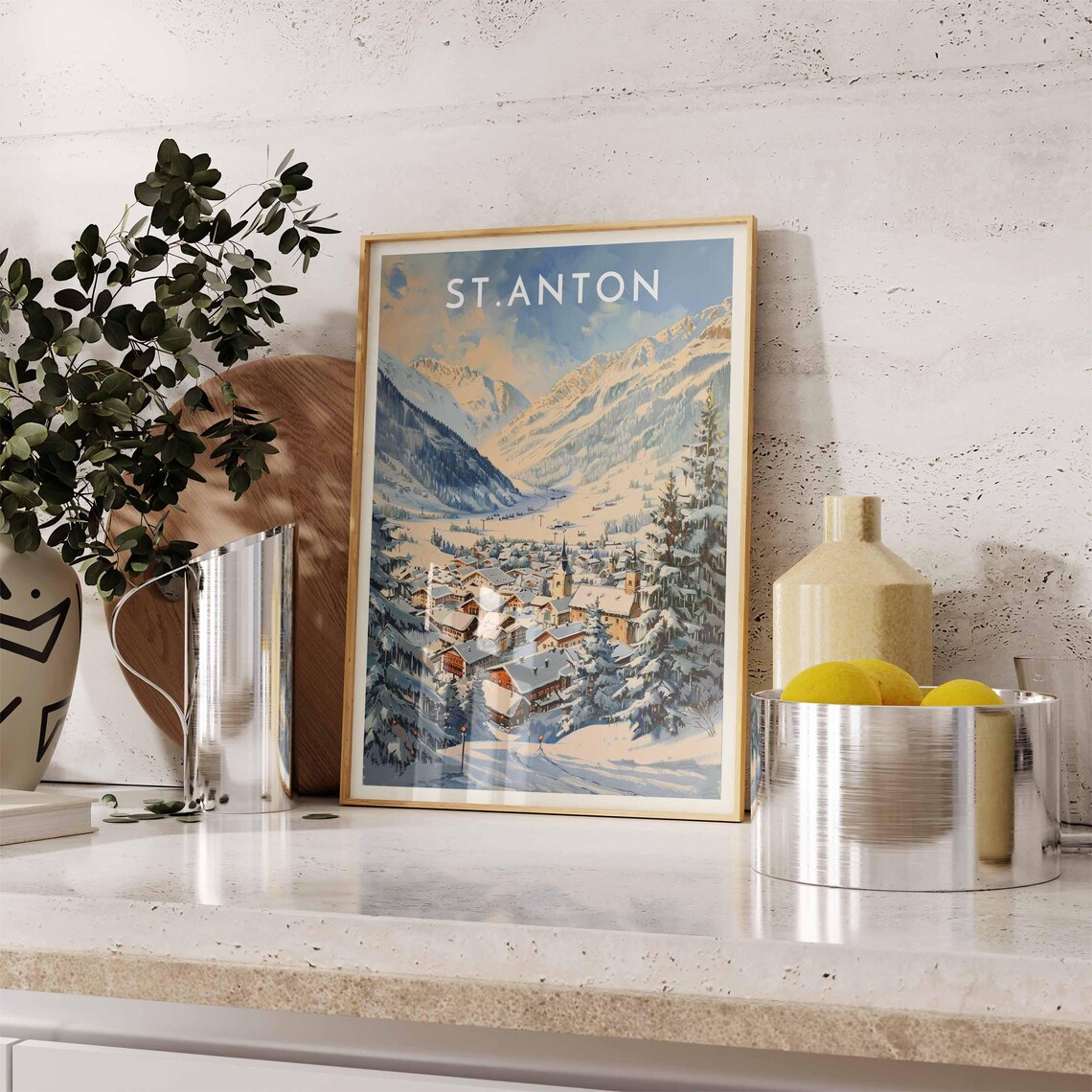 St. Anton Austria Golden Watercolor Alpine Village Valley Poster - Image 2