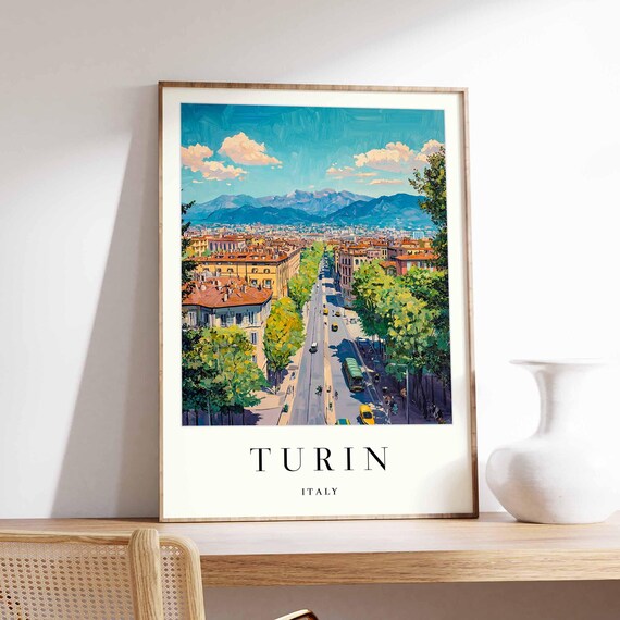Turin Italy Painted Avenue Poster with Tram and Alps Backdrop Artwork
