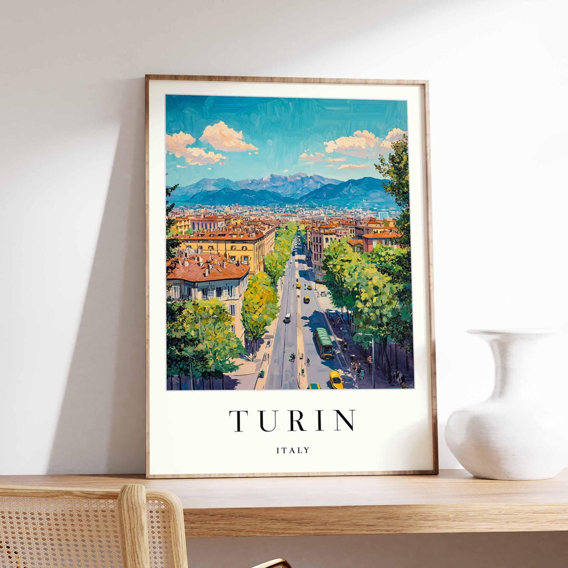 Turin Italy Painted Avenue Poster with Tram and Alps Backdrop Artwork