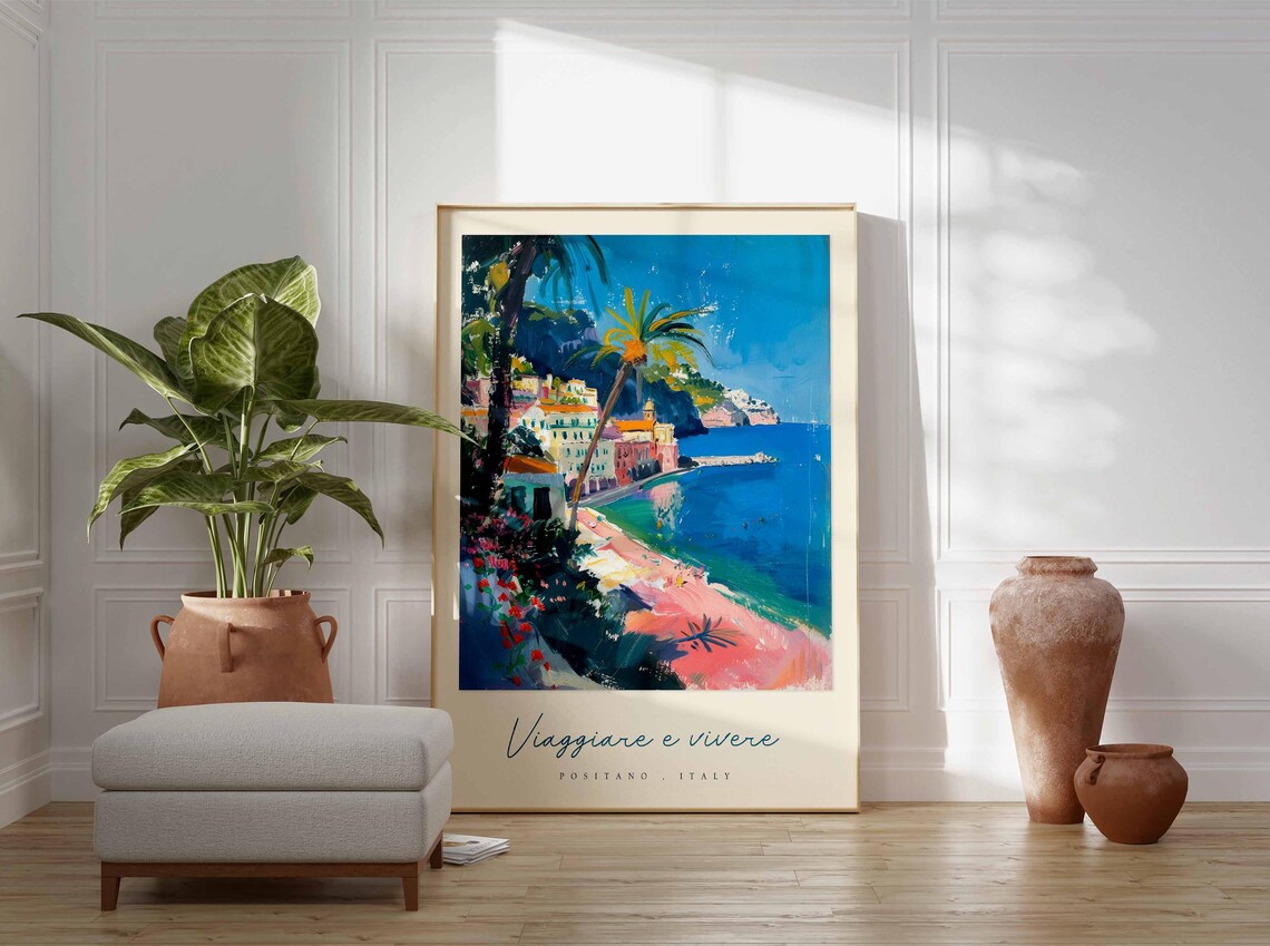 Positano Italy Sandy Beach Palm Trees Boats Seaside View Travel Poster - Image 3