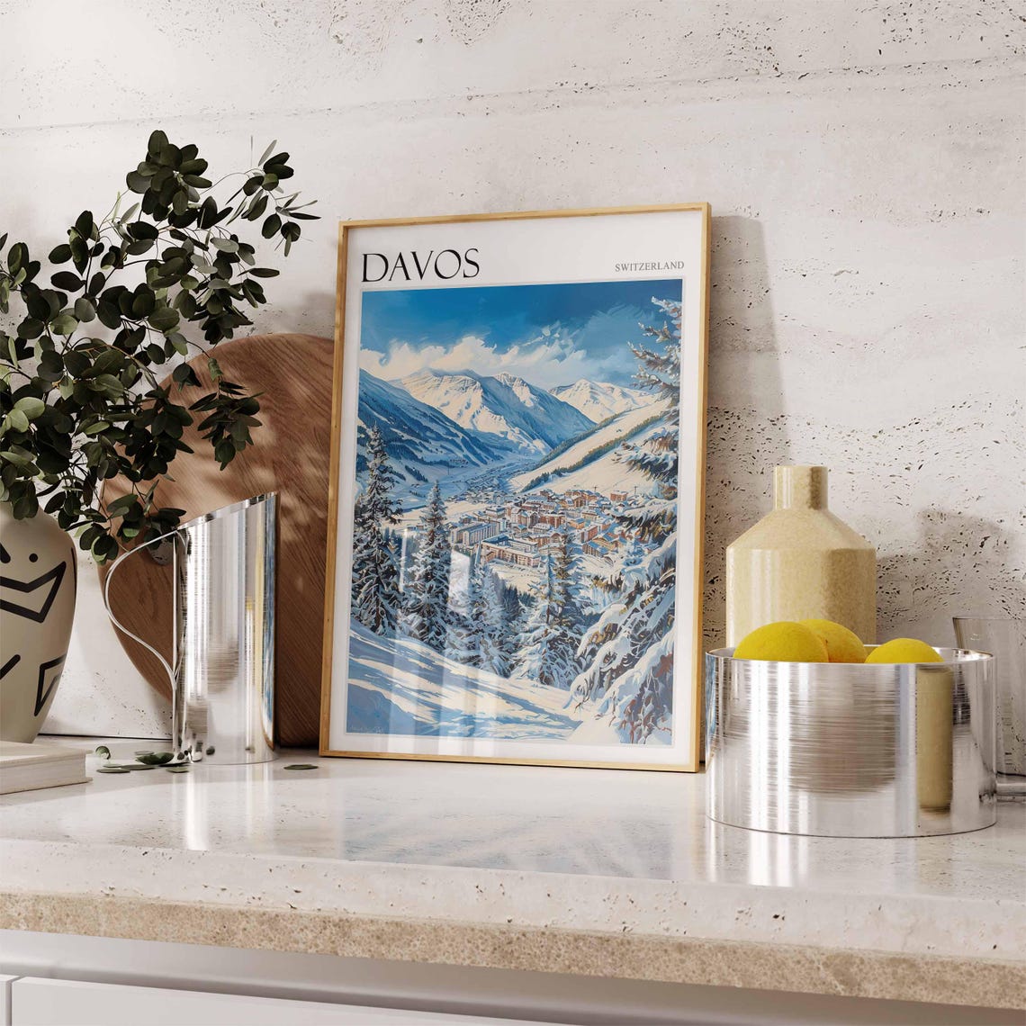 Davos Switzerland Bright Blue Alpine Slopes Ski Poster with Town View - Image 2