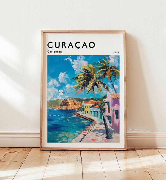 Curacao Caribbean 1989 Palm Waterfront Street Watercolor Poster