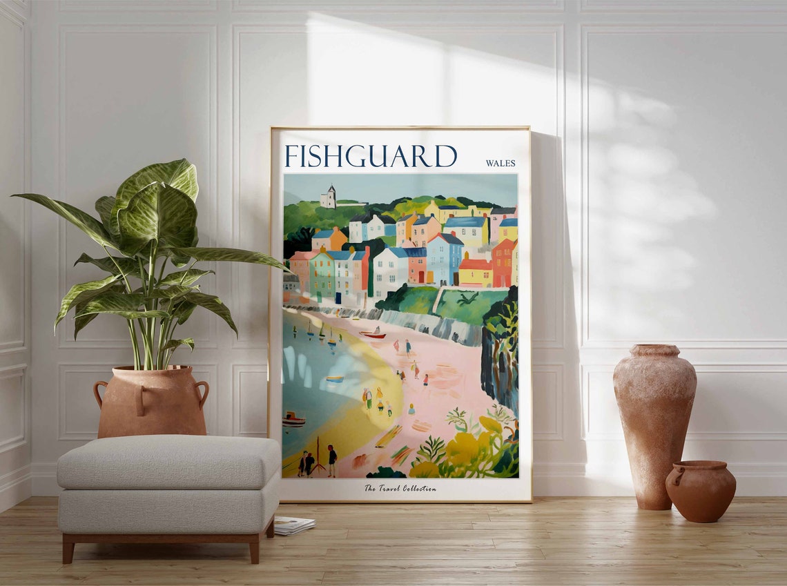 Fishguard Wales Pink Beach Town Cliffs Vintage Travel Poster - Image 3