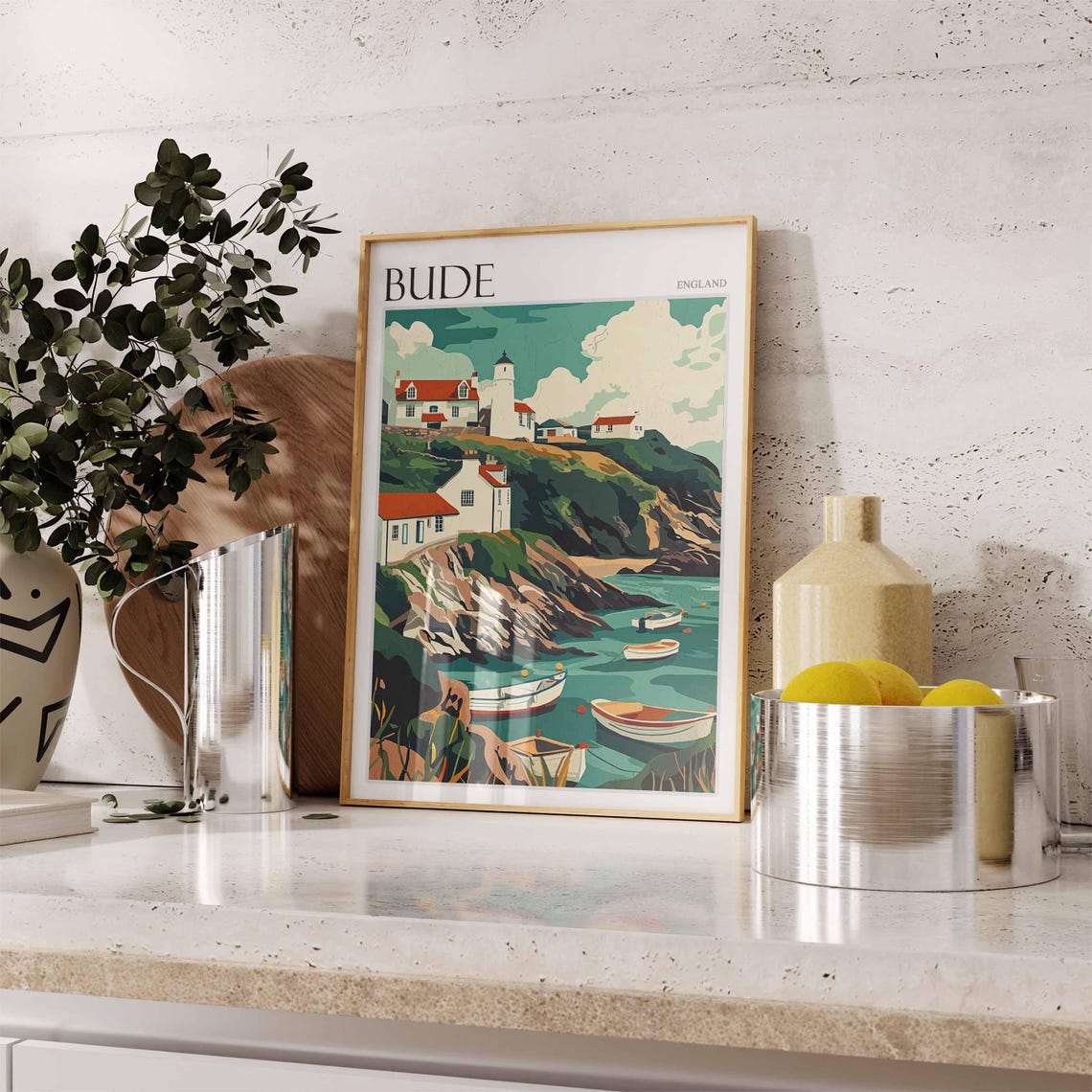 Bude Cornwall England Lighthouse Cove With Anchored Boats Poster - Image 2