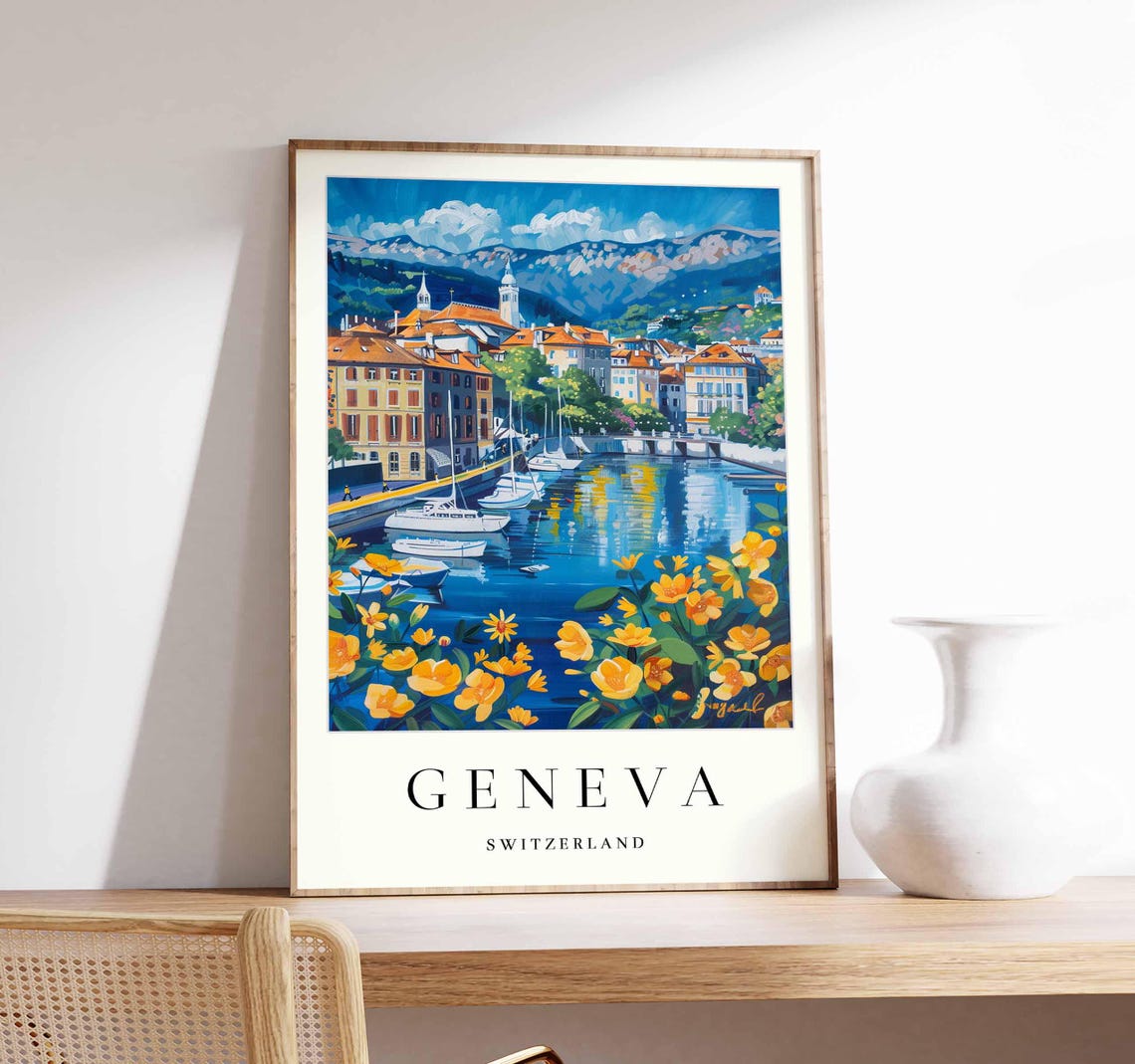 Geneva Switzerland Vibrant Harbor With Sailboats And Flowers Poster