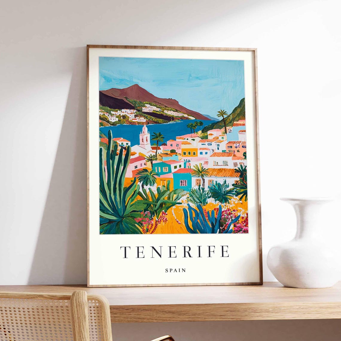 Tenerife Spain Vibrant Coastal Town and Great Volcano View Poster