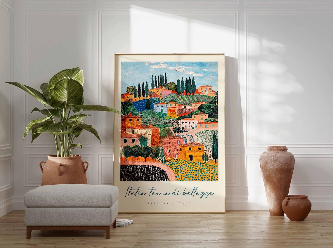 Perugia Italy Vibrant Dotted Village Illustration Travel Poster - Image 3