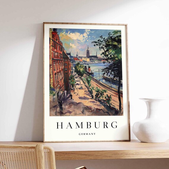 Hamburg Germany Harbour Waterfront Street Painted Travel Poster