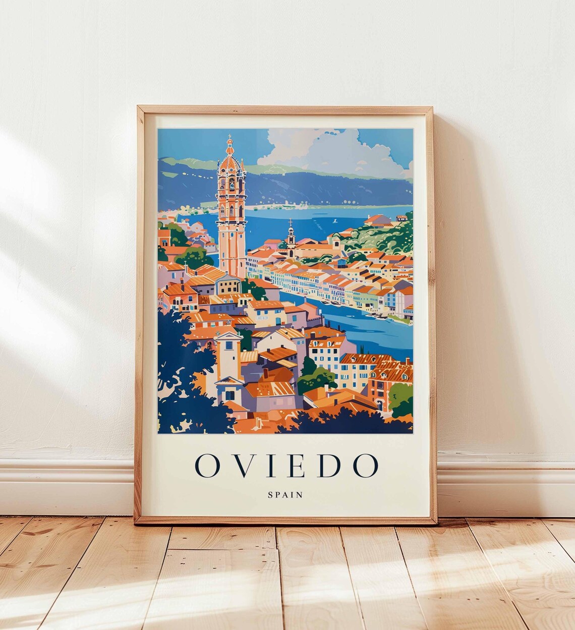 Oviedo Spain Bell Tower Over Harbor and Red Rooftops Travel Poster