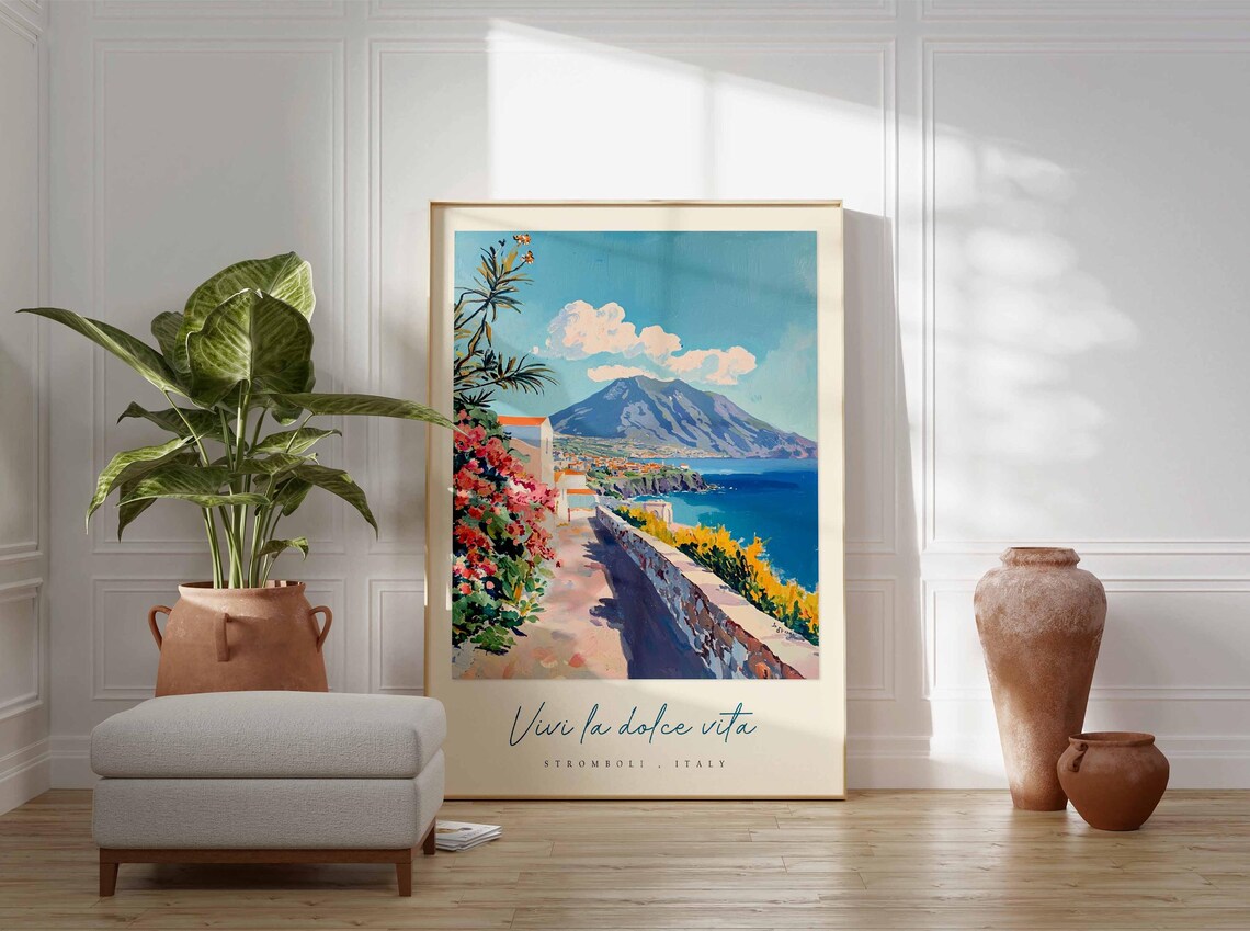 Stromboli Italy Path Poster Bougainvillea Lane To Volcano Sea View - Image 3