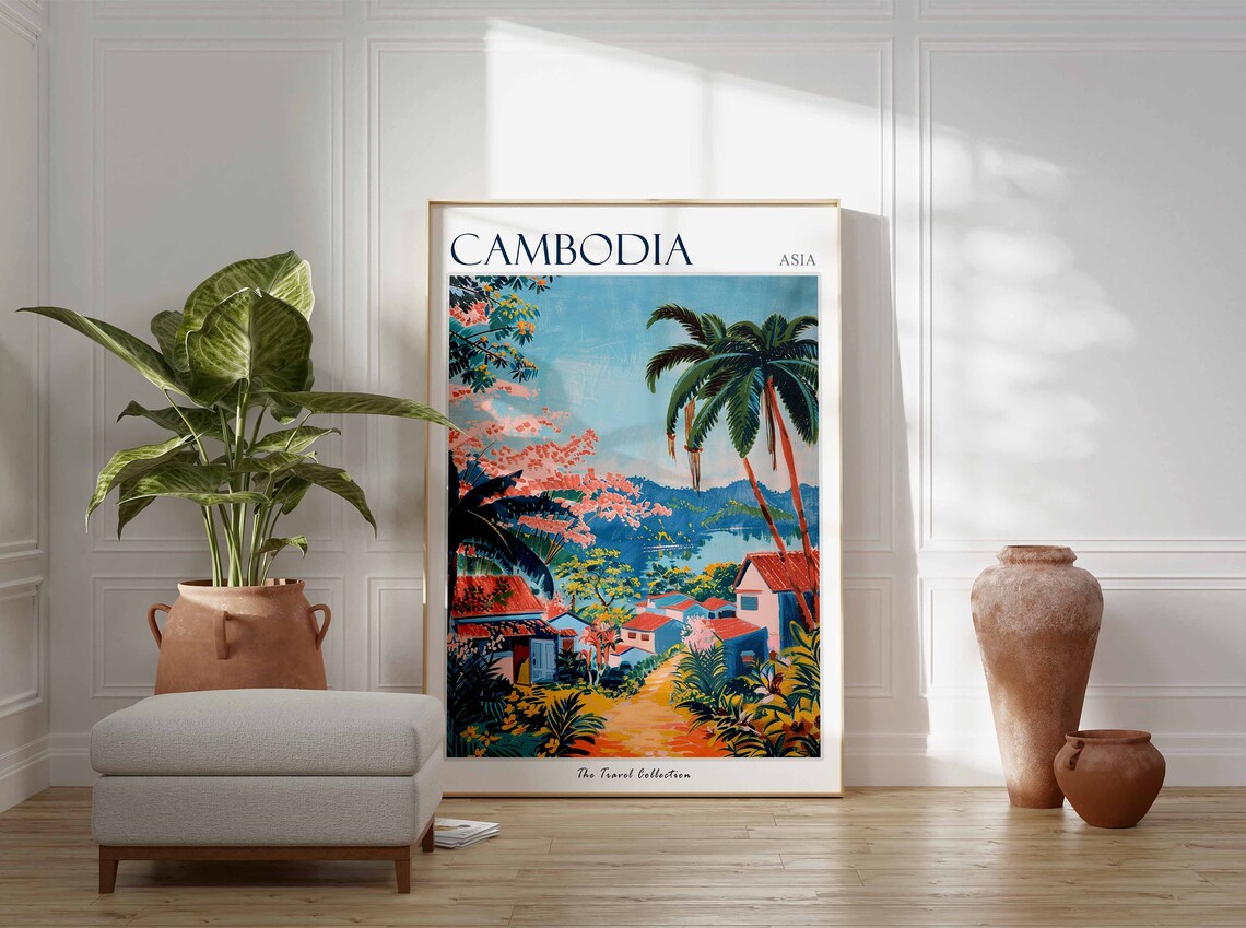 Cambodia Asia Coastal Village Palms River View Travel Poster - Image 2