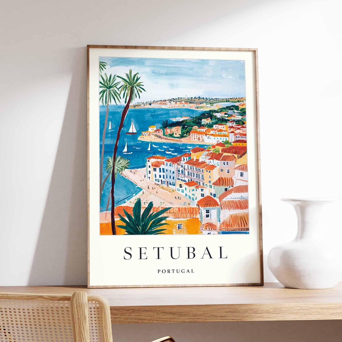 Setubal Portugal Palm Lined Bay Sailboats Coastal Travel Poster