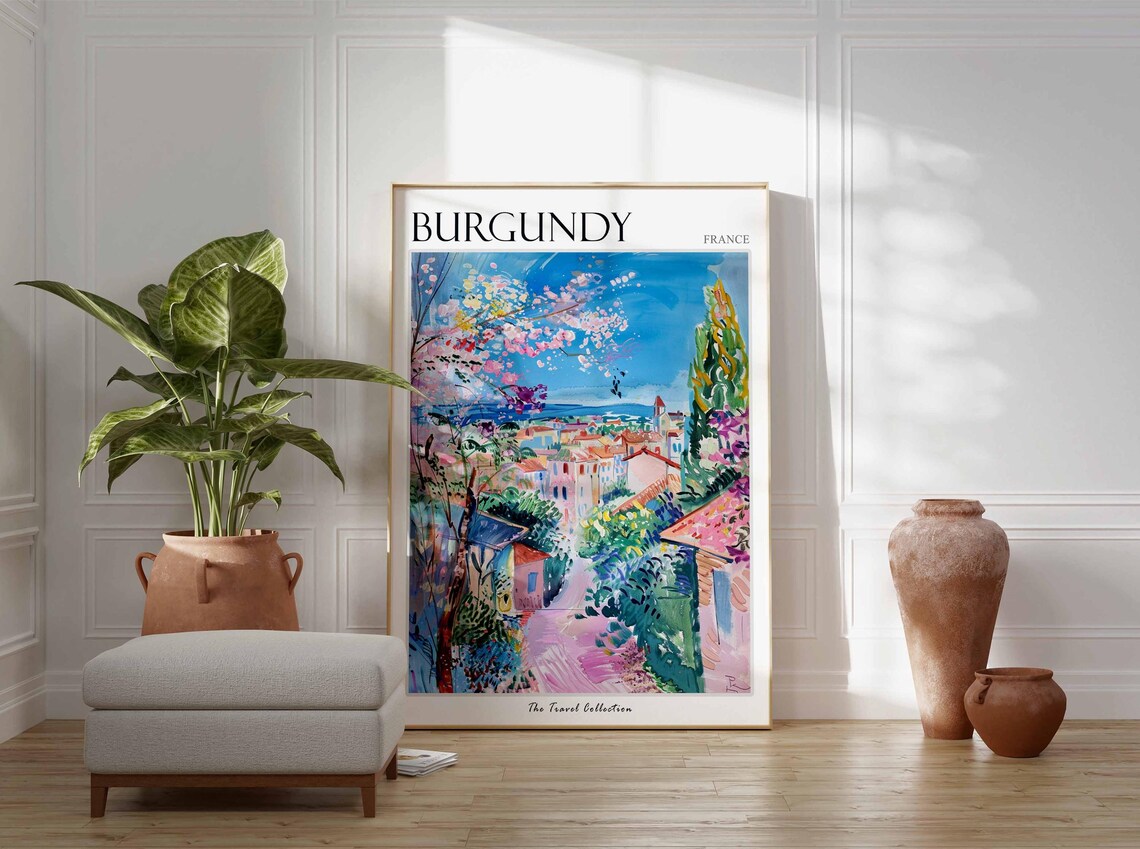 Burgundy France Hilltop Village Spring Blossom Tree Art Poster - Image 3