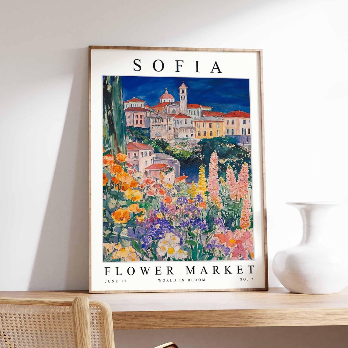 Sofia Flower Market Evening Church Tower Pink Spire Art Poster