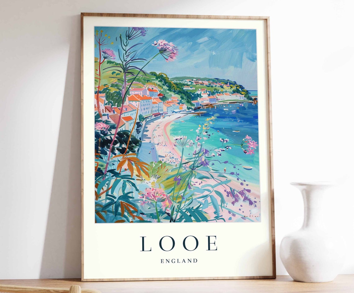 Looe England Cornish Hillside Bay Town Coastal Painting Poster