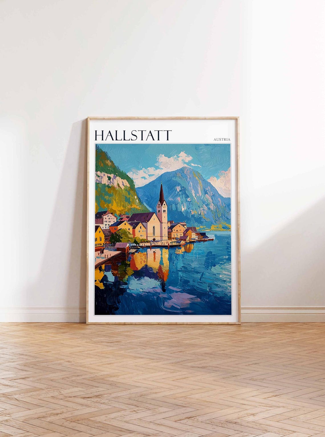 Hallstatt Austria Lake Church Reflection Impasto Painting Poster - Image 3