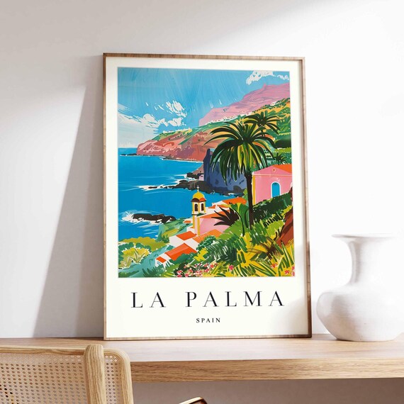 La Palma Spain Coastal Church Cliffside Painted Travel Poster Art