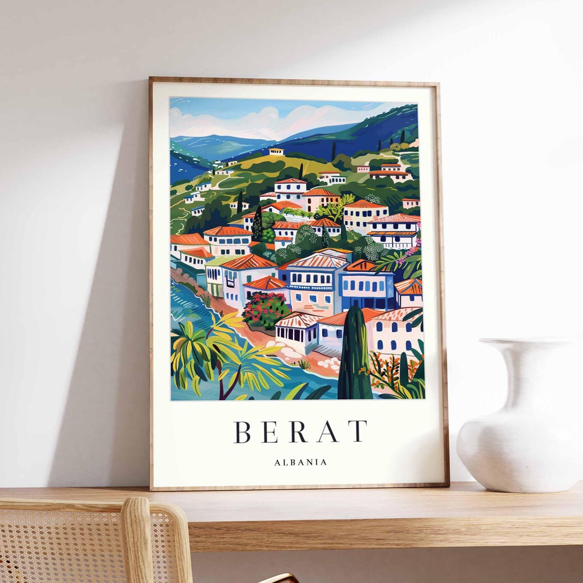 Berat Albania Green Hillside Old Town Riverside Travel Poster
