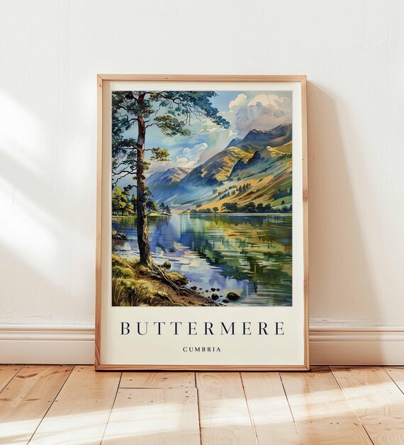 Buttermere Cumbria Lake Watercolor Pine Tree Mountain Poster