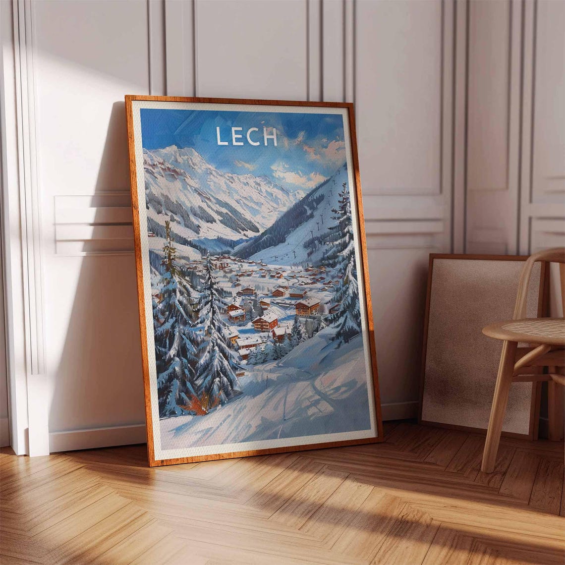 Lech Austria Sunny Snowy Valley Town Pines Peaks Watercolor Poster - Image 3