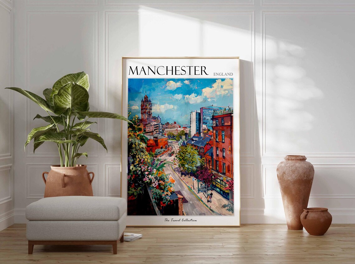 Manchester England City Street Historic Clock Tower Tram Poster - Image 3