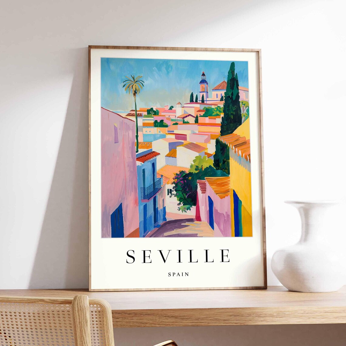 Seville Spain Pastel Street Palm Church Towers View Painted Poster