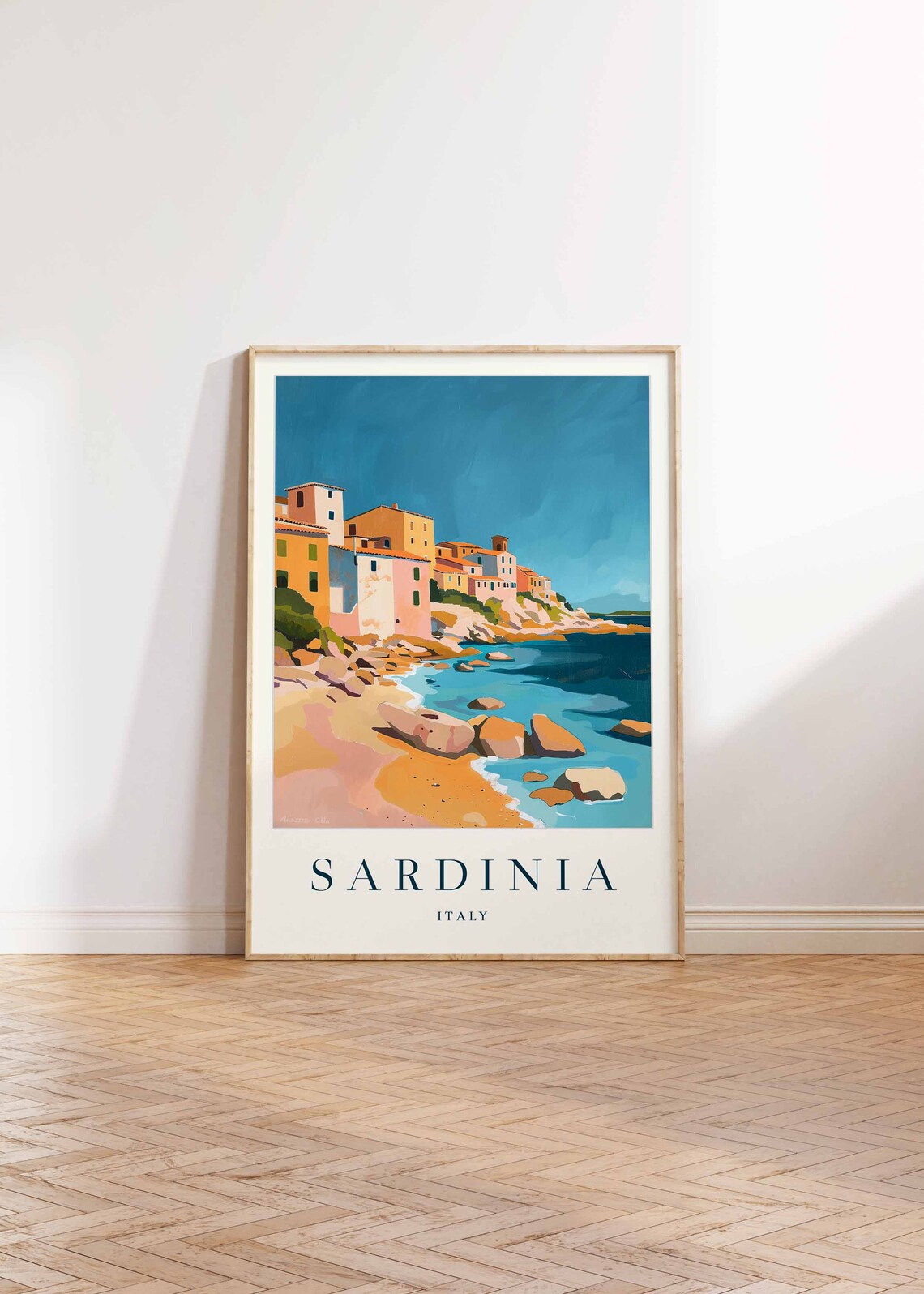 Sardinia Italy Cliffside Village Retro Seaside Travel Poster - Image 2