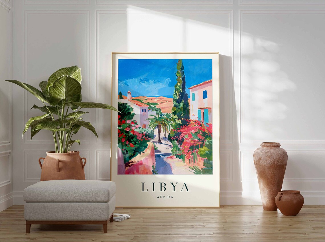 Libya Africa Colorful Village Street Bougainvillea Art Travel Poster - Image 3