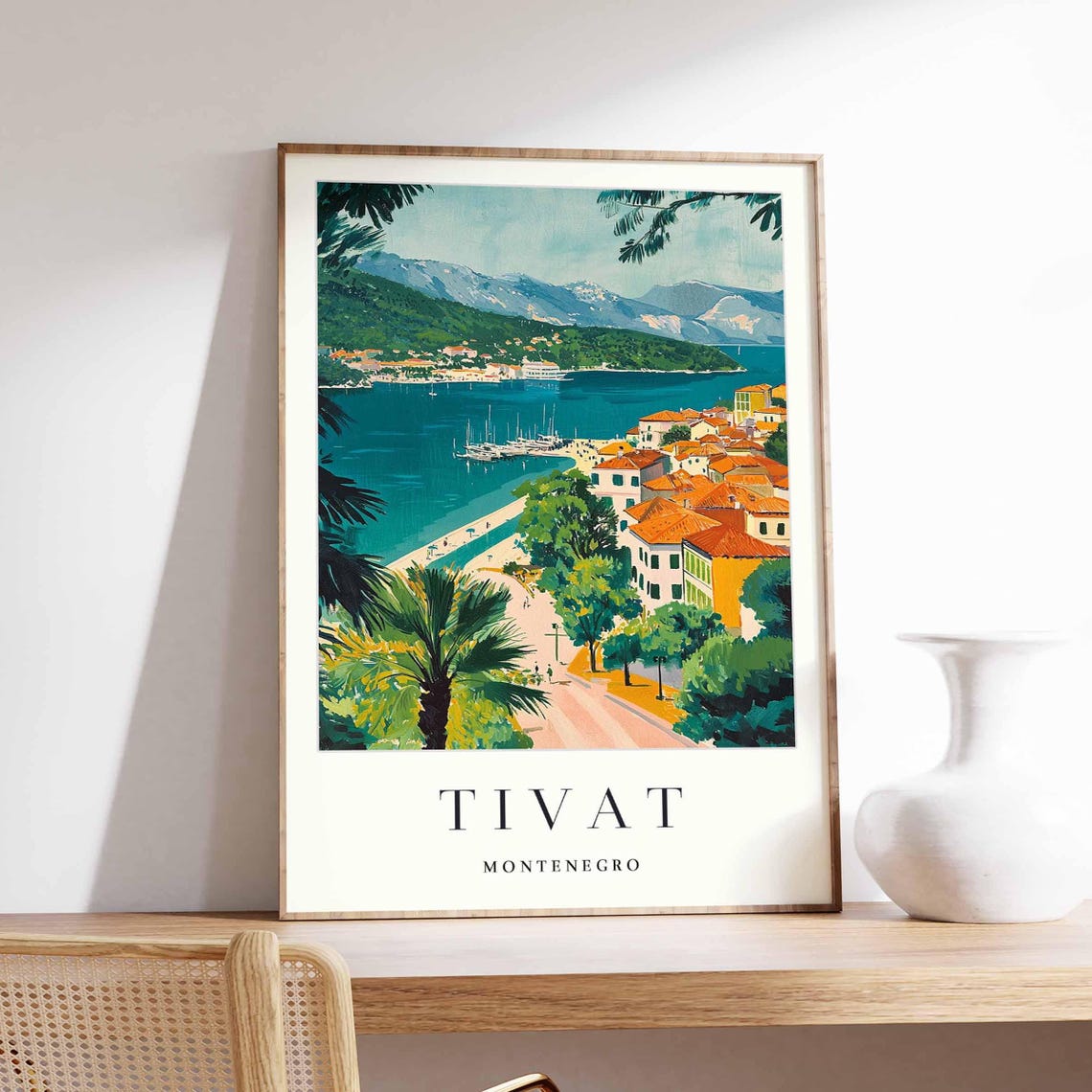 Tivat Montenegro Marina Aerial View Palm Trees Beach Mountain Poster