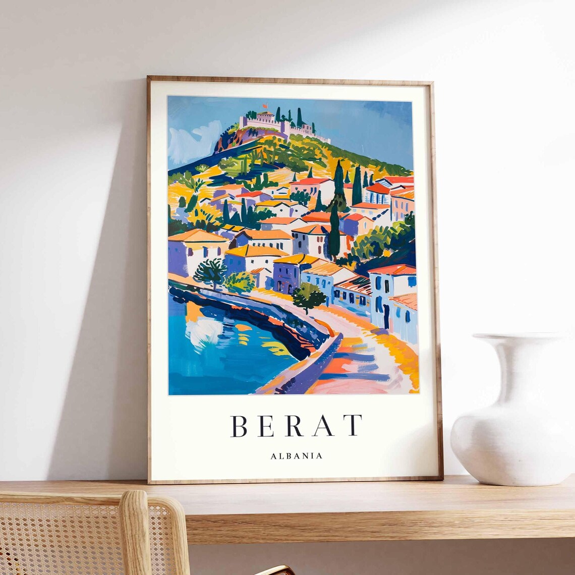 Berat Albania Vintage Castle Hill Riverside Old Town Travel Poster