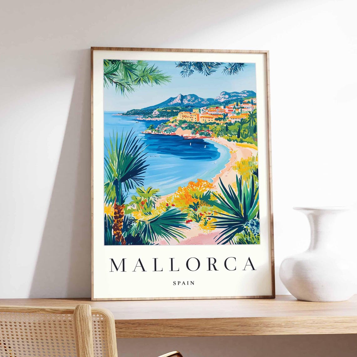 Mallorca Spain Palm Tree Beach Cove Mediterranean Travel Art Poster