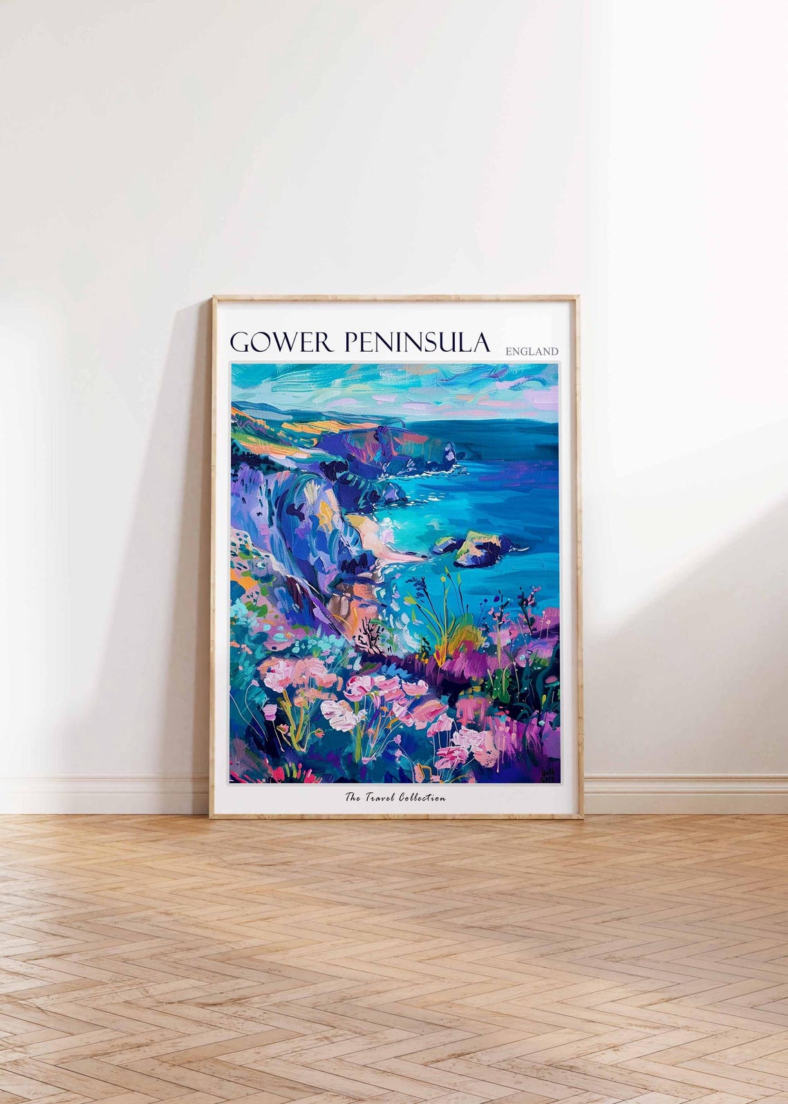Gower Peninsula Violet Cliffs Travel Poster Turquoise Sea Flowers Art - Image 2