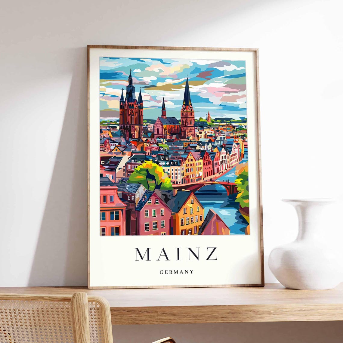 Mainz Germany Old Town Skyline Cathedral Spires Colorful Art Poster