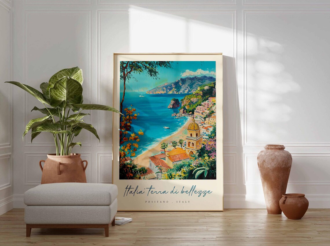 Positano Italy Beach Bell Tower Golden Sand Shore Seaside Art Poster - Image 3