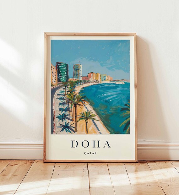 Doha Qatar Corniche Palm Beach Turquoise Water Modern Travel Poster