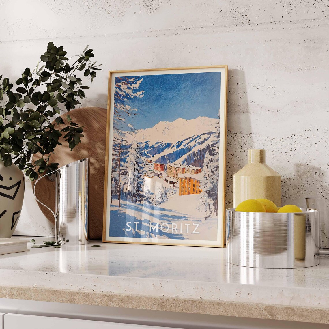 St. Moritz Switzerland Impasto Blue Peaks Grand Hotels Poster - Image 2