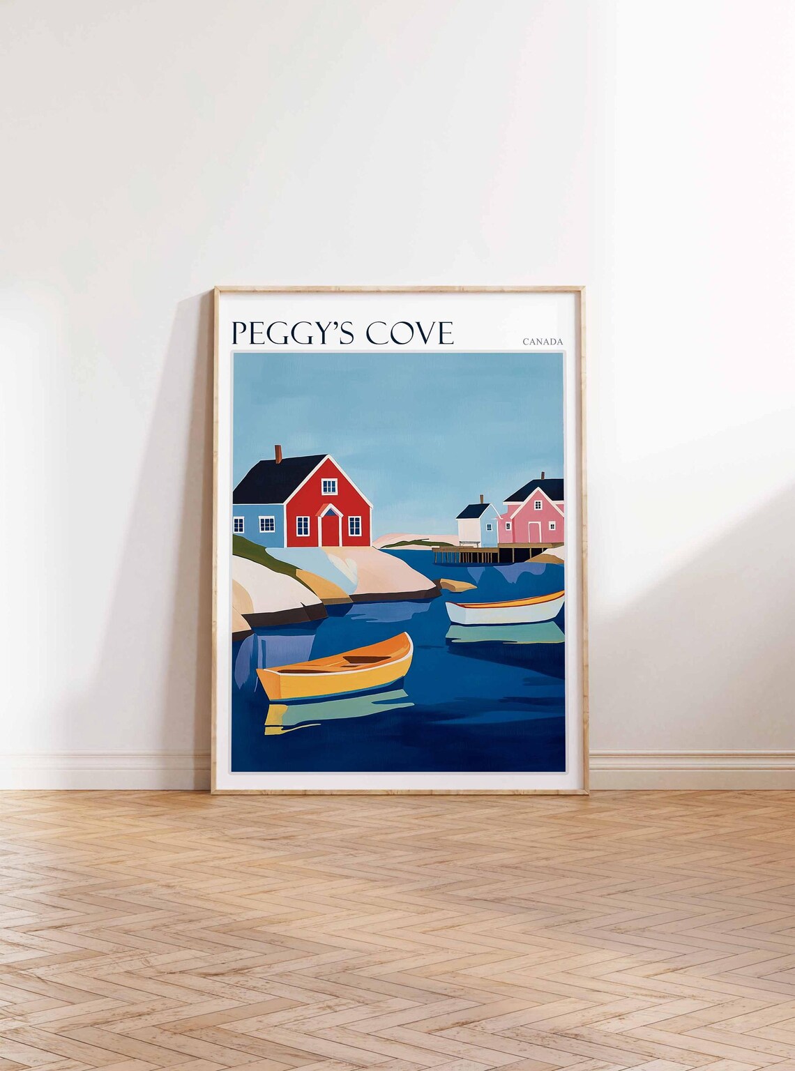 Peggy's Cove Canada Red Boathouse and Rowboats on Blue Water Poster - Image 2