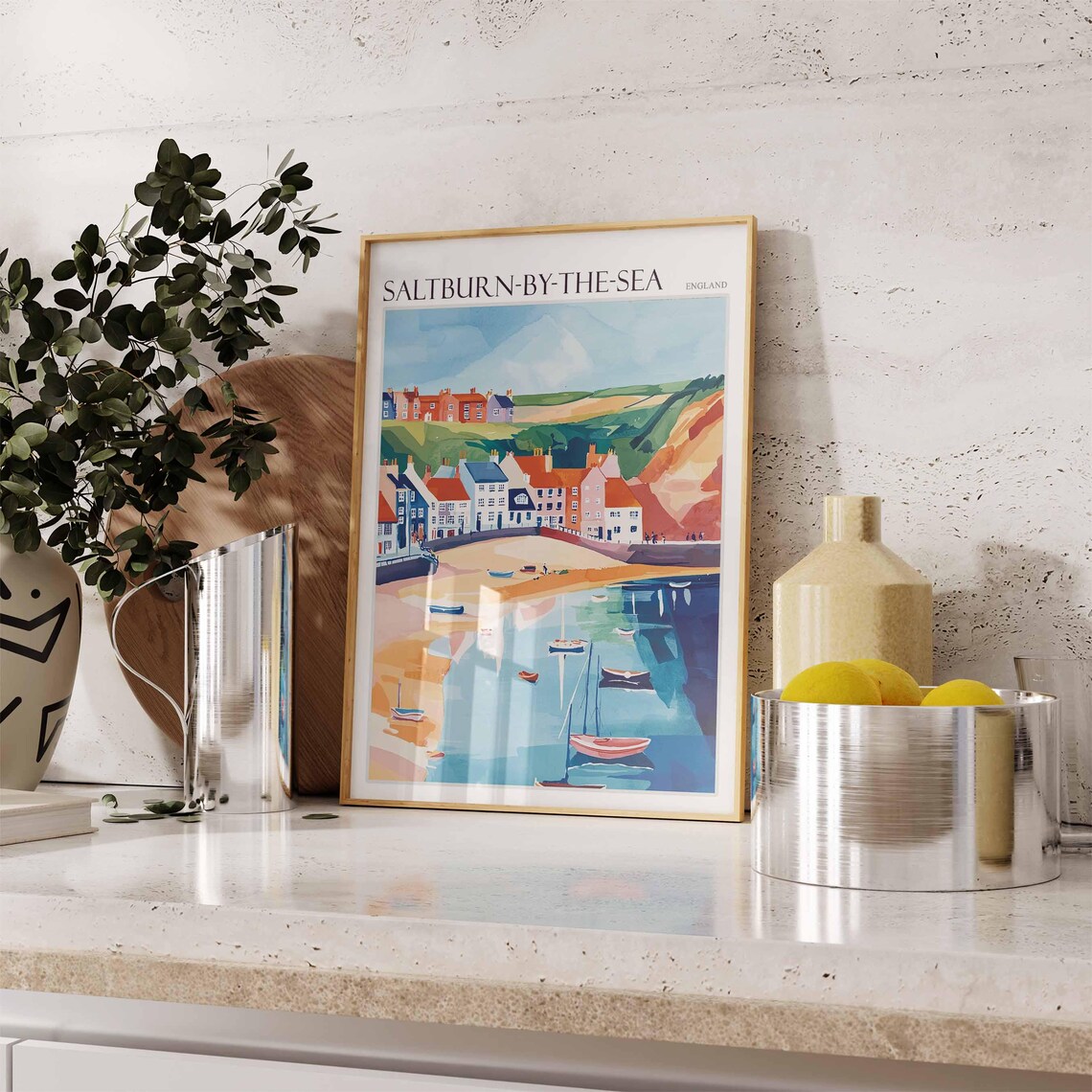 Saltburn-by-the-Sea England Watercolor Harbor Sailboats Town Poster - Image 3