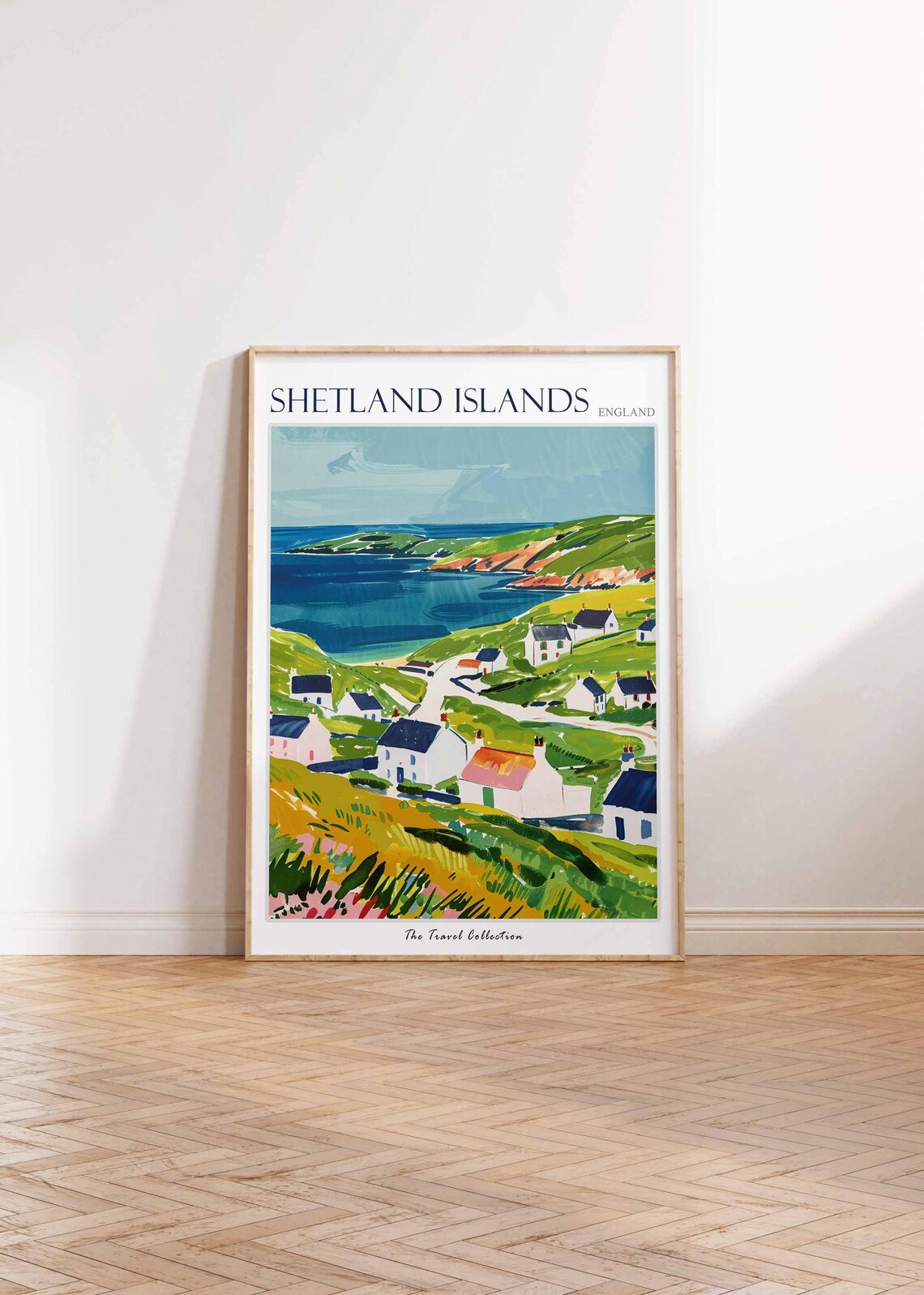 Shetland Islands White Cottages Green Hills Bay Travel Poster - Image 2