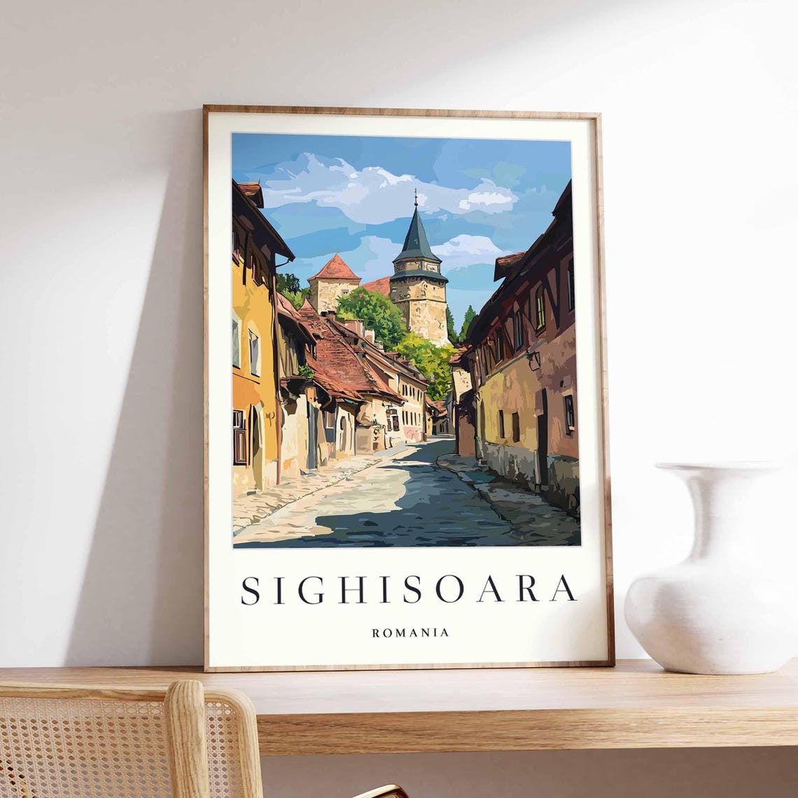 Sighisoara Romania Medieval Citadel Clock Tower Street Travel Poster