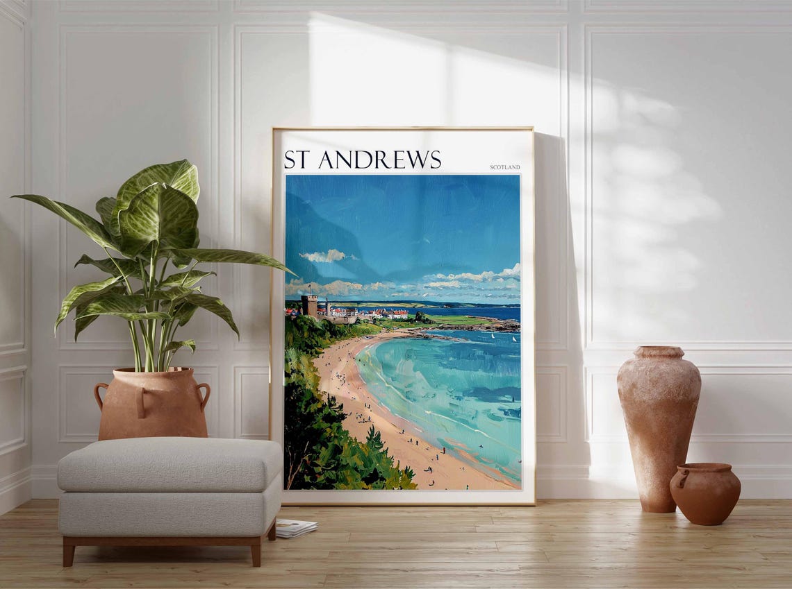 St Andrews Scotland Serene Curved Sandy Beach Castle View Poster - Image 2