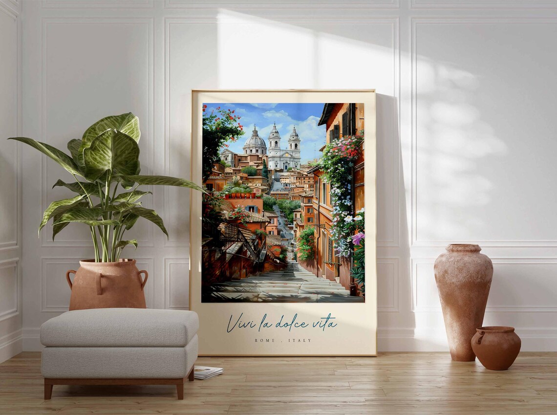 Rome Italy Stone Steps Church Watercolor Flowered Street Poster - Image 3