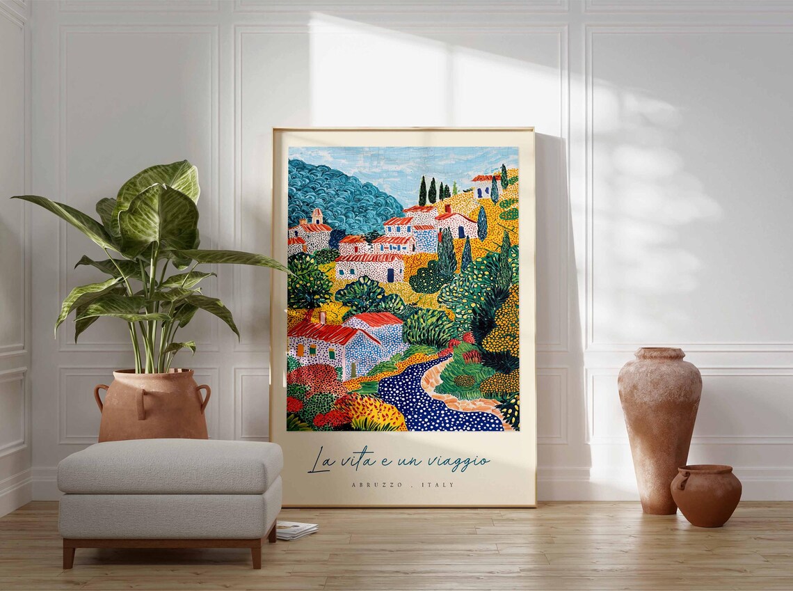 Abruzzo Dotted Folk Art Hillside Village Red Roofs Travel Poster - Image 3