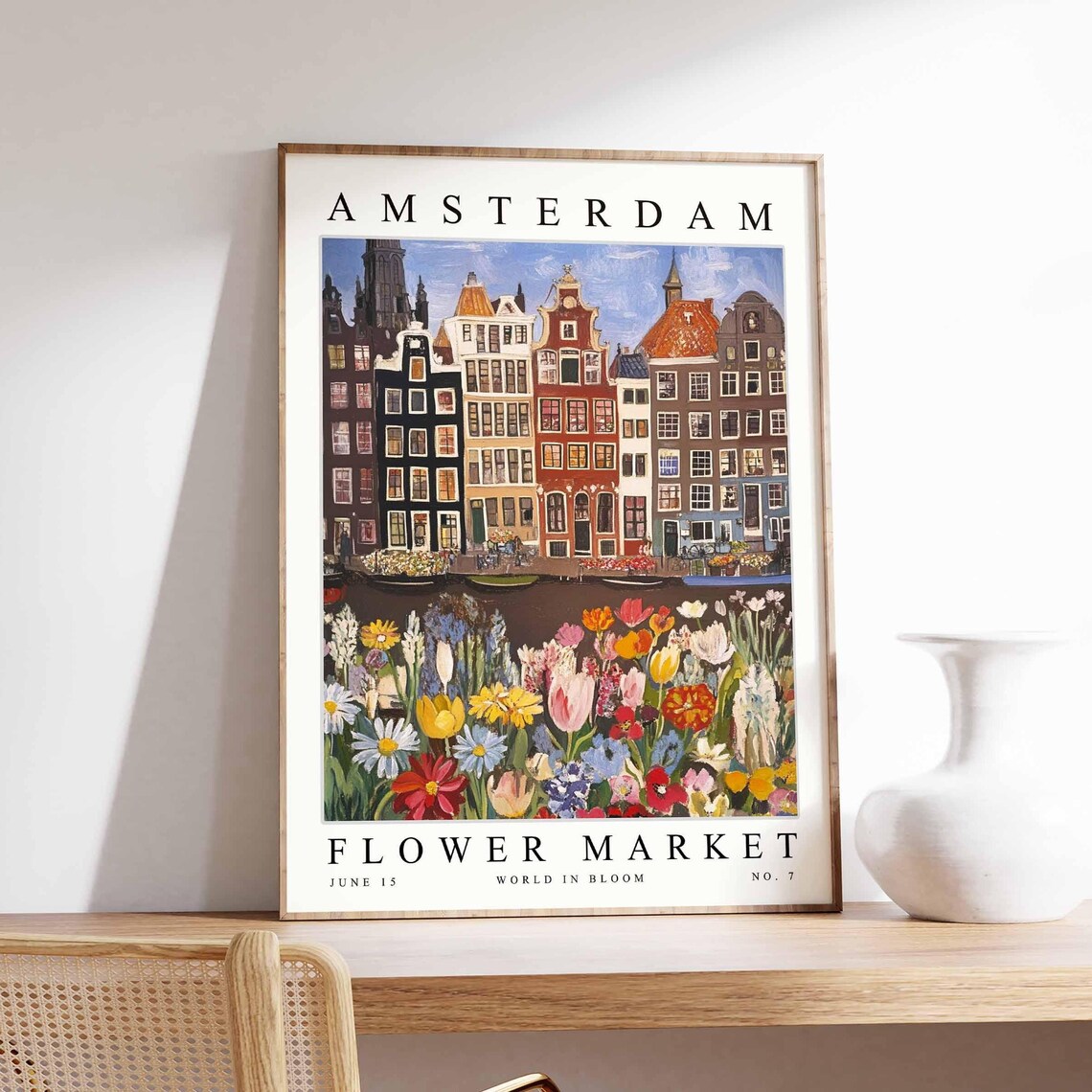 Amsterdam Flower Market Tulip Daisy Meadow Canal Houses Boats Poster