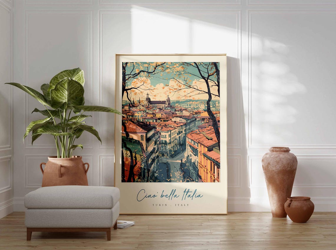 Turin Italy Autumn Rooftops Painting Bare Trees Cathedral Poster - Image 3